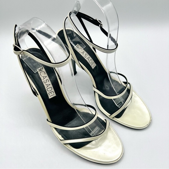 CASADEI LEATHER CREAM HEELS STRAPPY SANDALS ANKLE SHOES MADE IN ITALY WOMAN 9 - Picture 12 of 15